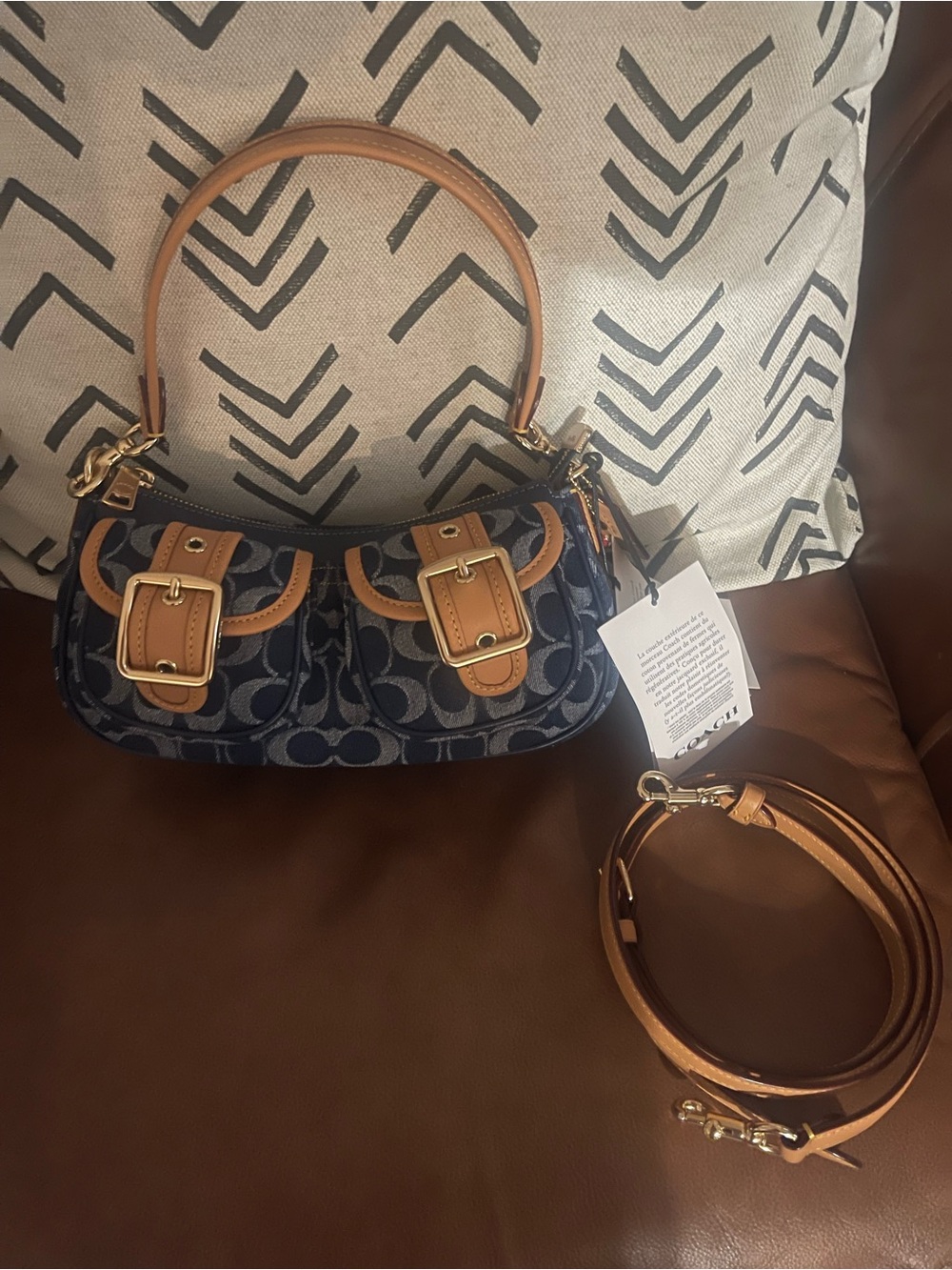 Coach Signature Denim and Saddle Leather Shoulder Bag NWT